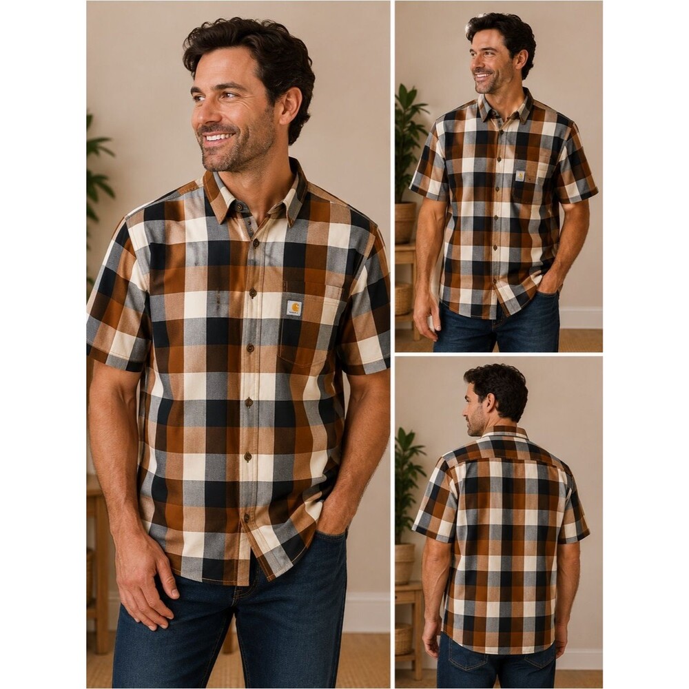 CARHARTT Men's Plaid Cotton Essential Button Down Short Sleeve Shirt - Size L - Picture 1 of 7